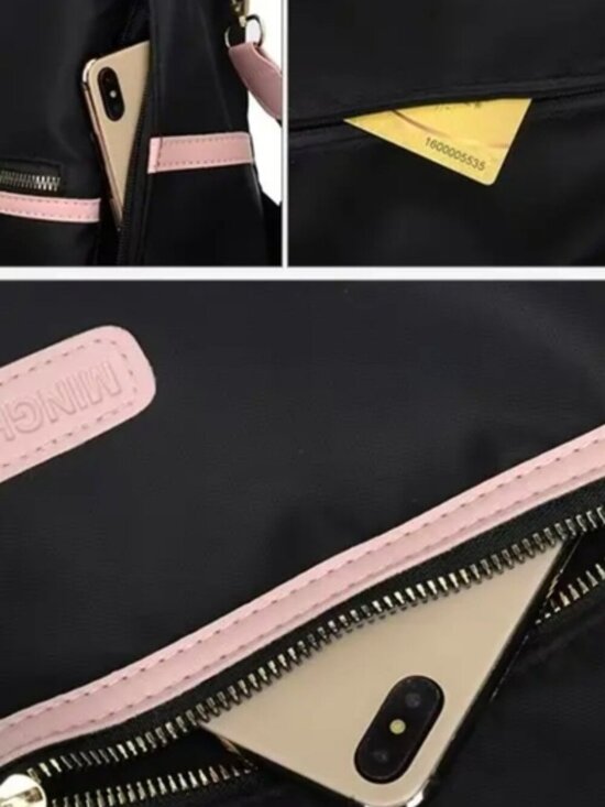 Anti-Theft Convertible Oxford Nylon Backpack Black Pink Cat Charm 3-Way Carry main image 3
